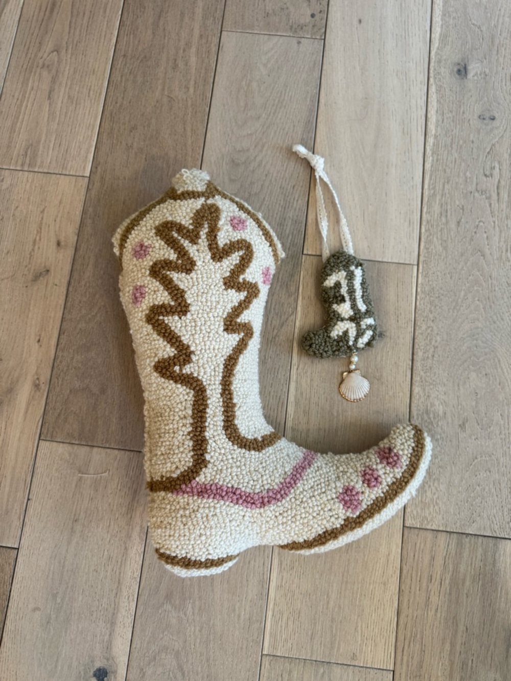 Decorative Cream and Brown Western Boot Accent Pillow with Pink Accents